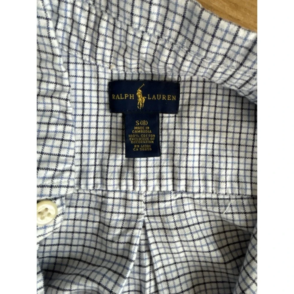 Ralph Lauren Button Down Shirt Kids S 8 Red White Blue Plaid Cotton Long Sleeve